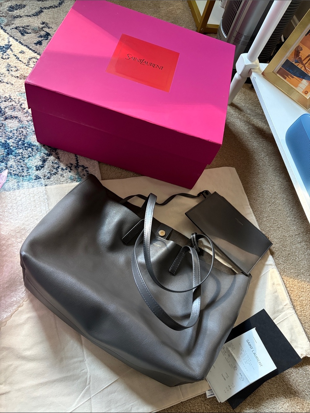 Saint Laurent Black Leather Tote with Removable Pouch